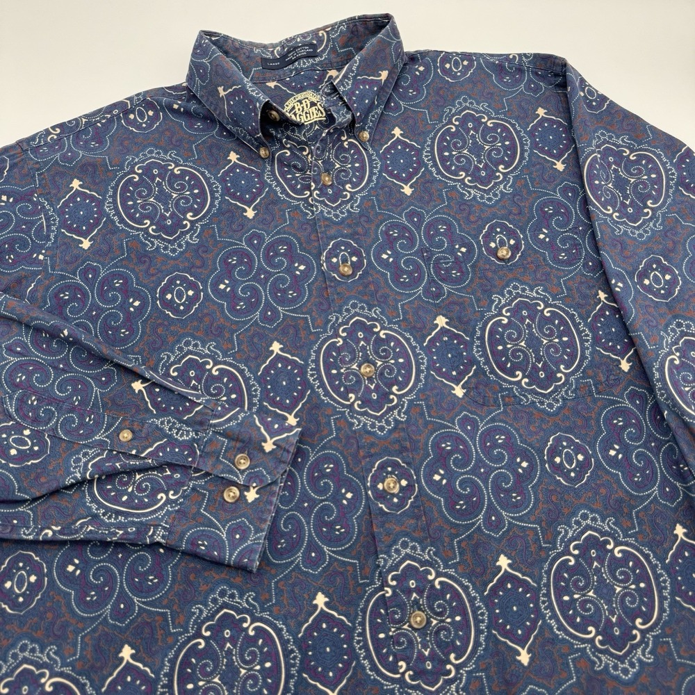 Vintage BD Baggies Shirt Mens L Navy Blue Paisley Button Up 90s Denim Cotton
